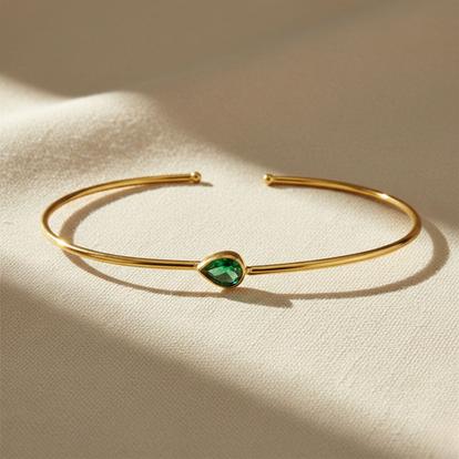 Metallic Gold Plated Minimalist Emerald May Birthstone Bangle