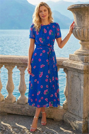 Blue Floral Pleated Chiffon Dress