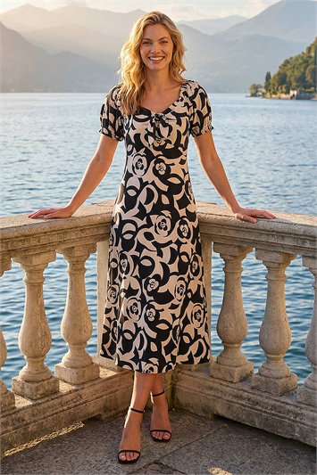 White Rose Print Ruched Midi Dress