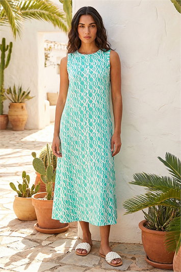 Green Geo Print Pocket Midi Dress