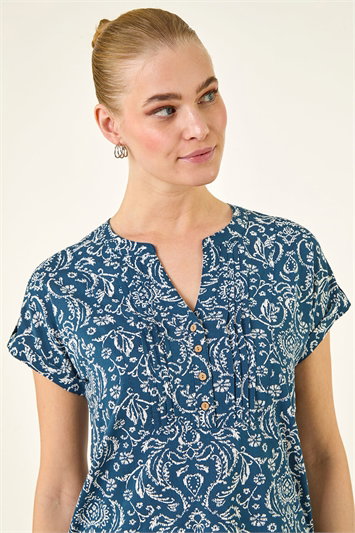 Blue Abstract Print Pleat Front Top