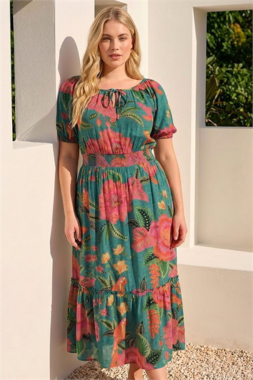 Curve Floral Shirred Waist Midi Dress 14876034