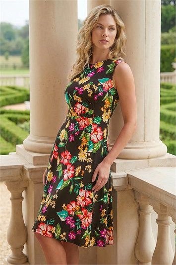 Black Floral Print Gathered Stretch Midi Dress