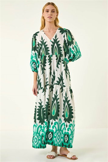 Green Aztec Print V-Neck Midi Dress