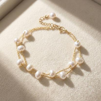 Metallic Freshwater Pearl Double Chain Wedding Bracelet Gift