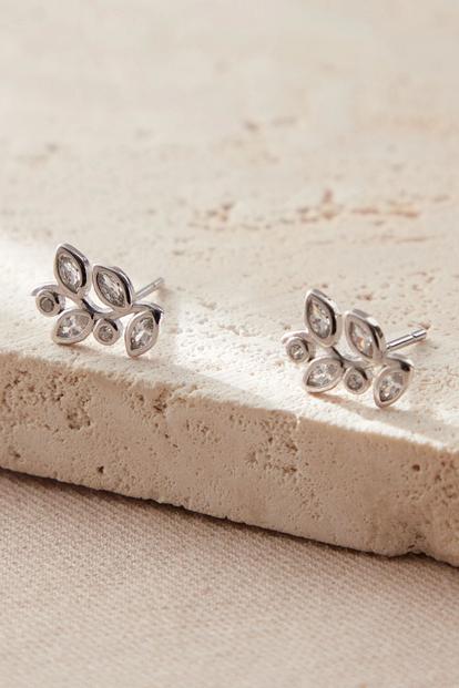 Metallic Sterling Silver Crystal Leaf Studs