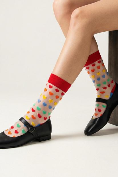 Multi Rainbow Love Hearts Combed Cotton Sheer Pop Socks