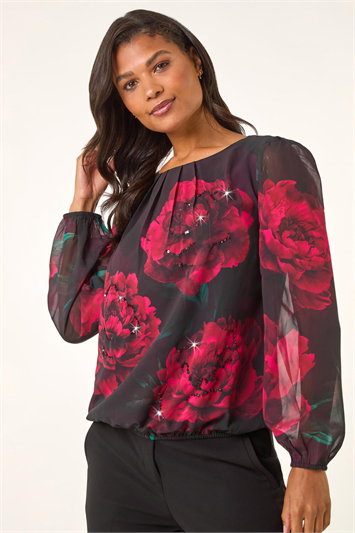 Red Floral Print Sequin Top