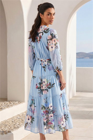 Floral Print Button Tiered Midi Dress 14918345