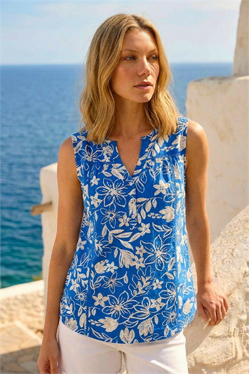 Blue Floral Print V-Neck Vest Top