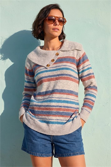 Grey Cowl Neck Stripe Jumper