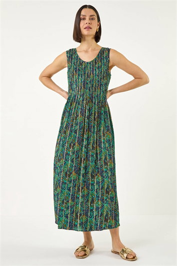 Blue Paisely Leaf Print Shirred Midi Dress