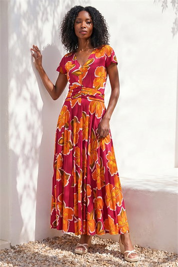 Pink Floral Print Ruched Midi Dress