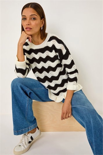 Black Wave Stitch Hem Knit Jumper