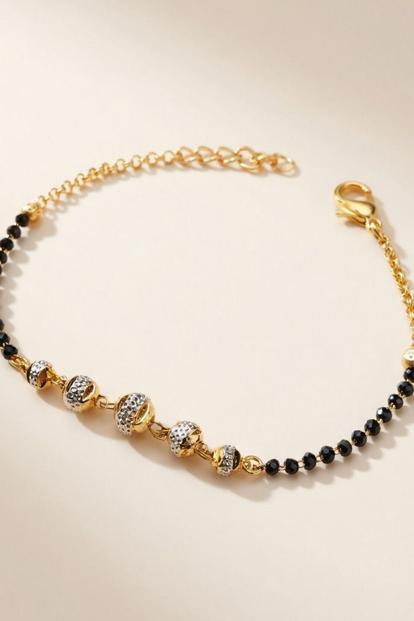 Metallic Indian Nazaria Five White Ball Mangalsutra Beaded Bracelet