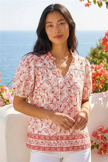 Petite Floral Border V-Neck Top 20244422