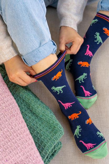 Blue Bamboo Socks - Navy/Multi, Dinosaurs
