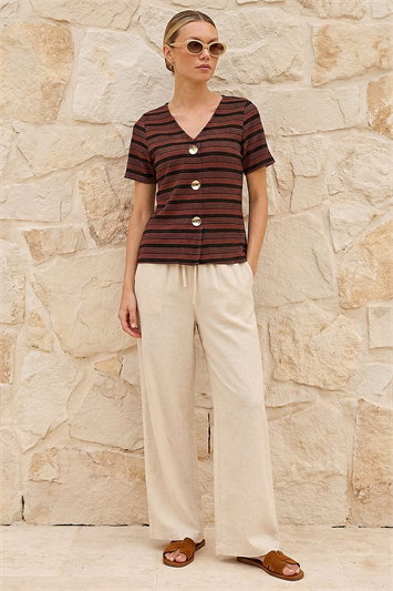 Brown Stripe Mock Button Top