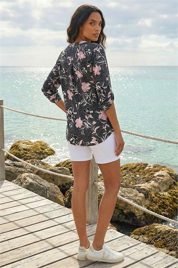 Textured Floral Print V-Neck Stretch Shirt 19384572