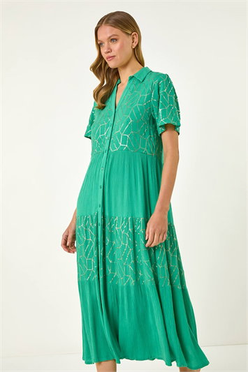 Green V-Neck Sequin Button Midi Dress