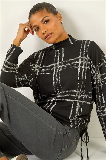 Black Plaid Print Side Tie Top