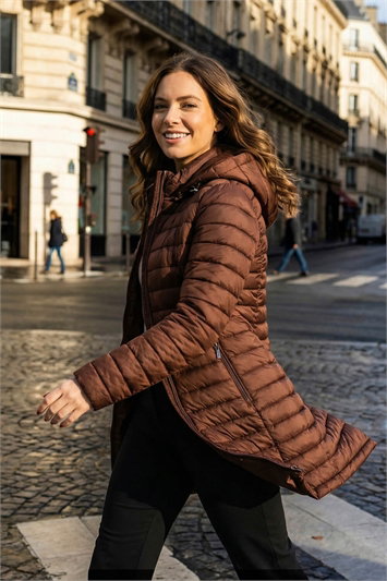 Brown Longline Quilted Hooded Puffer Coat