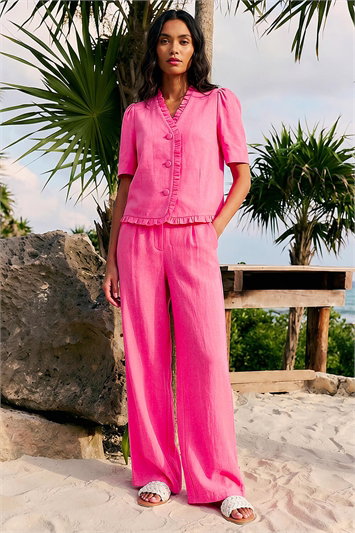 Pink Frill Linen Blend Button Jacket
