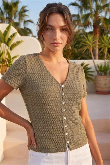 Green Petite Textured Button Up Blouse
