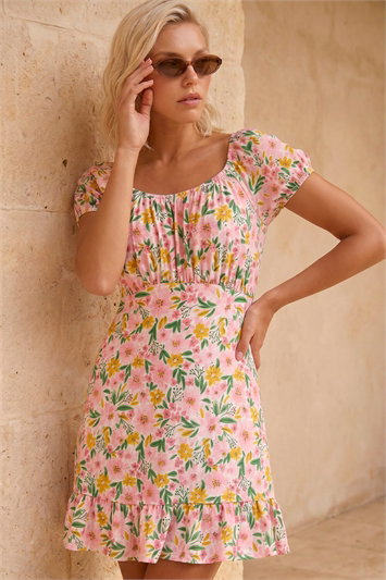 Pink Petite Floral Print Frill Stretch Dress