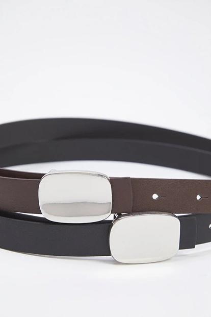 Multi Double Pack Silver Oval Plaque Buckle Slim Faux Leather Belt