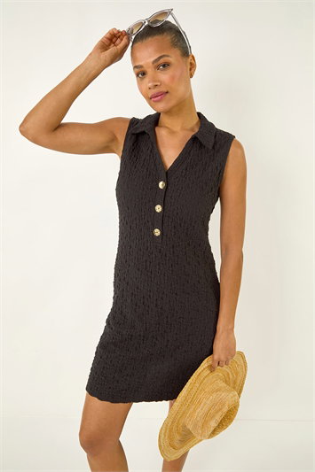Black Crinkle Collared A-Line Stretch Dress