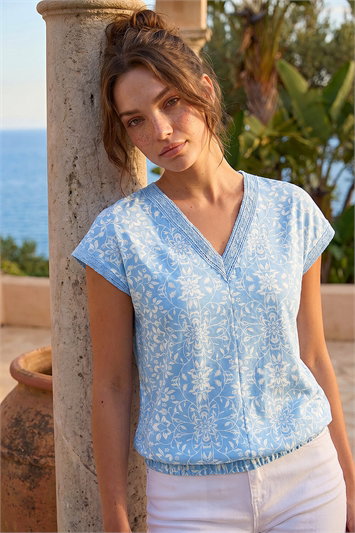 Blue Petite V-Neck Trim Stretch Top