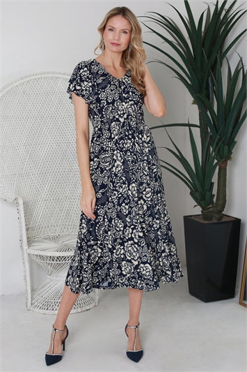 Blue Julianna Floral Shirred Waist Midi Dress