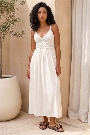 White Crochet Strappy Midi Dress