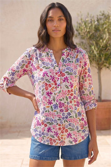 Pink Floral Print Burnout V-Neck Top