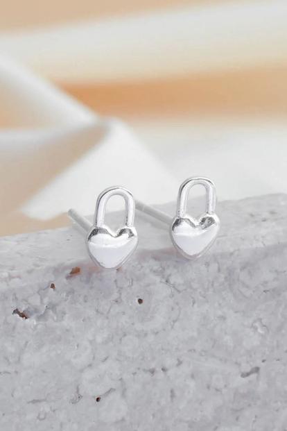 Metallic Sterling Silver Tiny Heart Lock Stud Earrings
