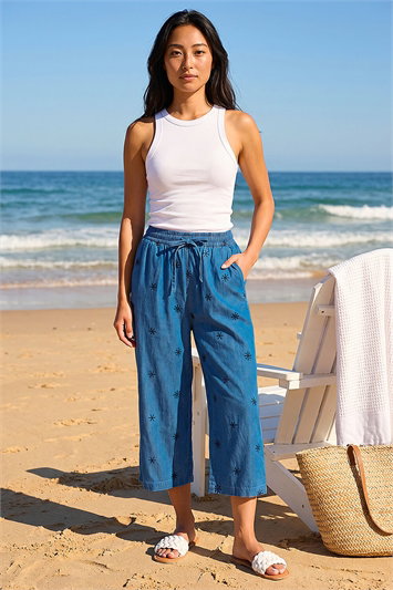 Blue Petite Embroidered Trousers