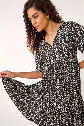 Black Aztec Tie Front Smock Dress