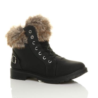 Black Faux Fur Lace Up Military Biker Ankle Boots