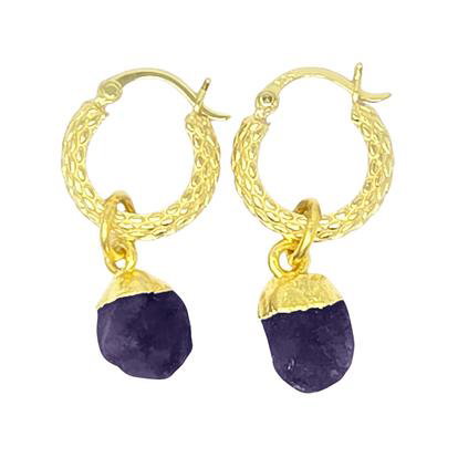 Metallic Raw Amethyst February Birthstone Huggie Hoops Gold Vermeil Plated Gemstone Earrings