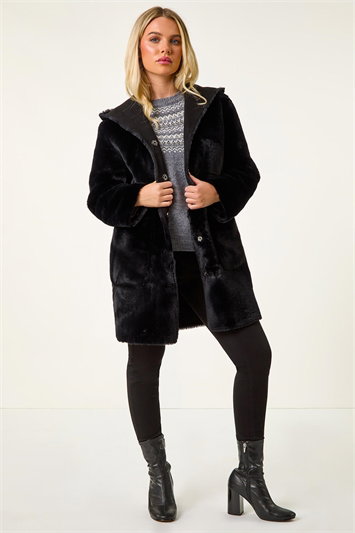Petite Faux Sheepskin Reversible Hooded Coat 12032908
