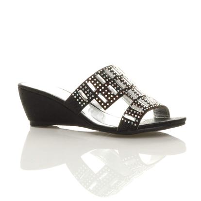 Black Low Wedge Heel Diamante Sandals Mules