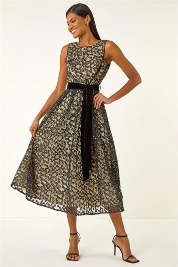 Black Lace Overlay Bow Detail Midi Dress