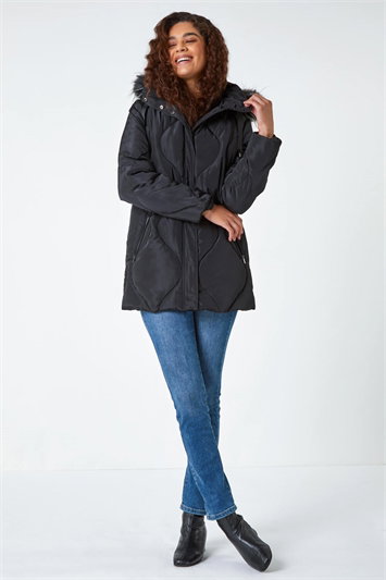 Quilted Faux Fur Hooded Coat 12025708