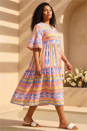Curve Stripe Print Boho Tiered Dress 14522796