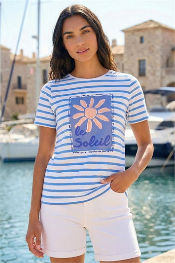 Blue Motif Stripe Print Cotton T-Shirt