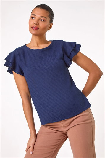 Blue Textured Frill Sleeve T-Shirt