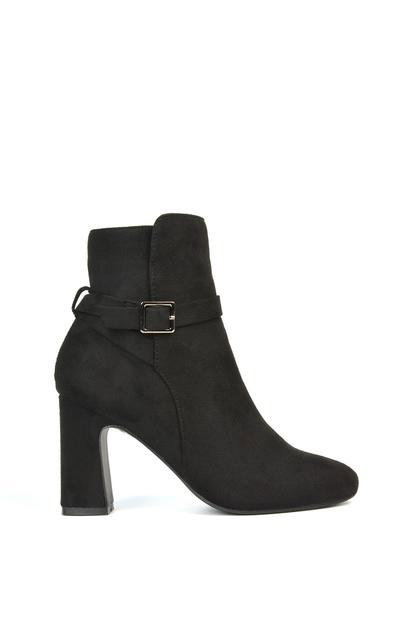 Black 'Mary' Block Mid High Heel Shoe Booties With Buckle Strap