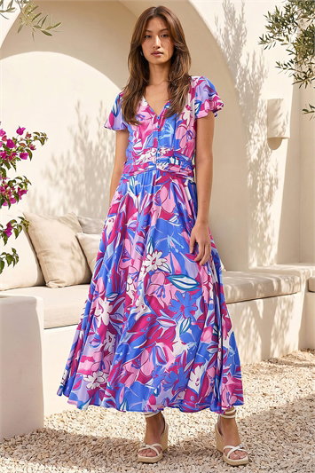 Pink Abstract Floral Ruched Midi Dress