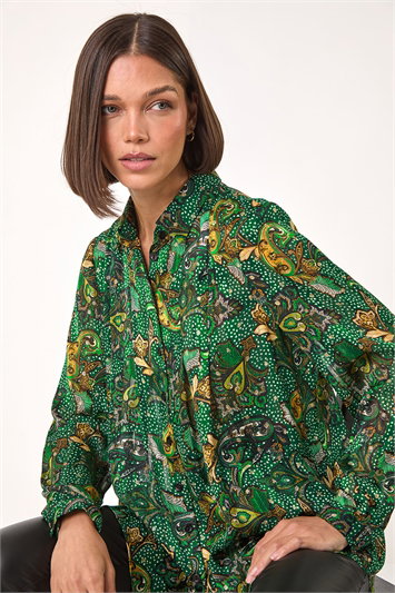 Green Paisley Print Pleated Blouse